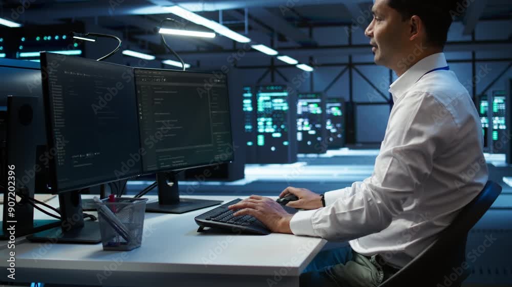Poster engineer overseeing data center, making routine improvements and updates to ensure system can handle