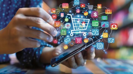 Person using smart phone with virtual shopping cart icons indicating online shopping technology.