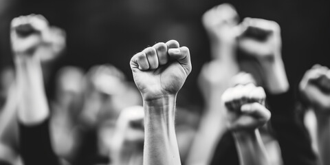 People with raised fists at a demonstration in the city