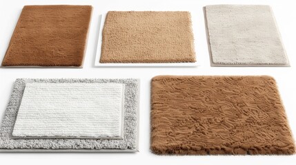 A collection of different colored rugs, including tan, white, and gray