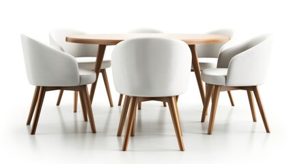 A white chair is sitting in front of a wooden table
