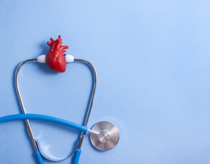 Anatomical heart model and medical stethoscope on blue background. Calendar banner for hospital or...