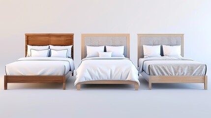 Three beds of different sizes and colors are shown on a white background