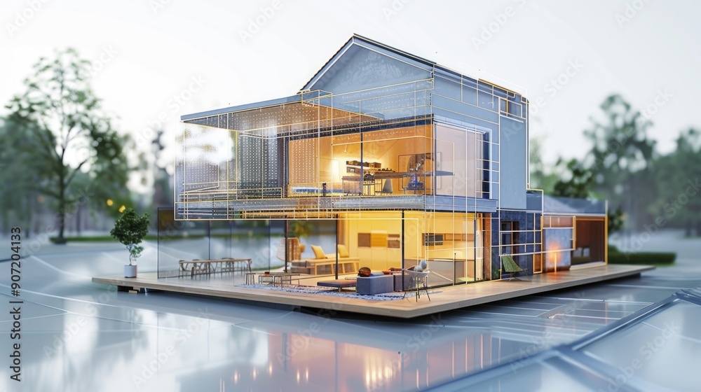 Poster a 3d house model placed on a transparent glass surface, ideal for use in architecture, design, or ed