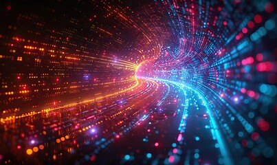 Fototapeta premium A dynamic and colorful digital background illustrates data transfers and technology with light streaks and digital elements, representing high-speed communication.