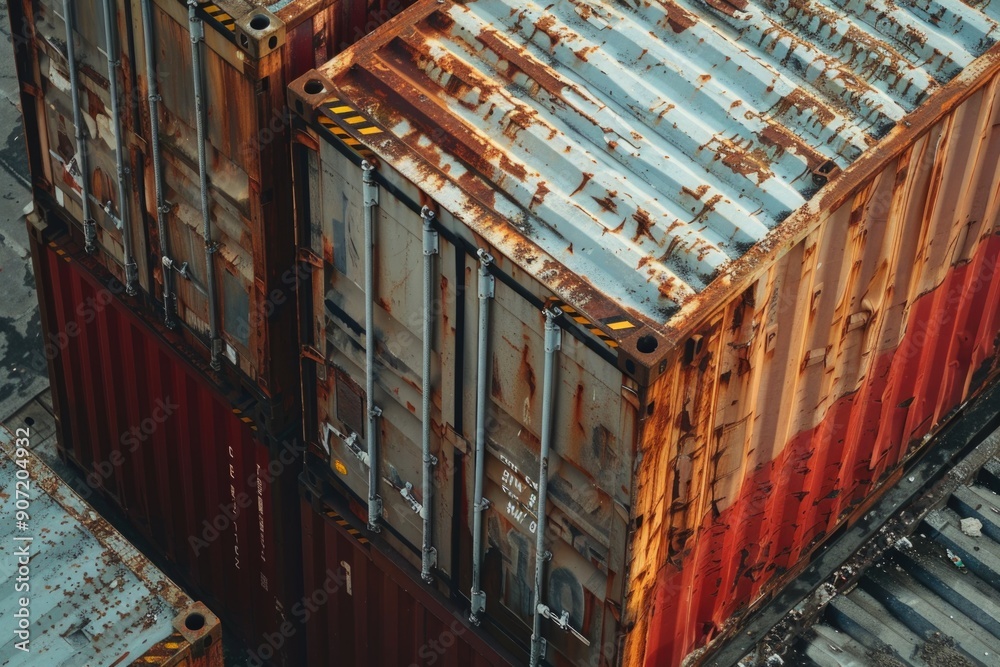 Poster A series of shipping containers stacked next to each other, suitable for use in cityscape or industrial settings