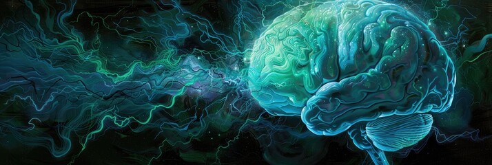 Obraz premium Artistic representation of brain structure with neural pathways depicted as flowing waterways illuminated by streams of vibrant blue and green light cleansing shadows to reveal a healthy lu