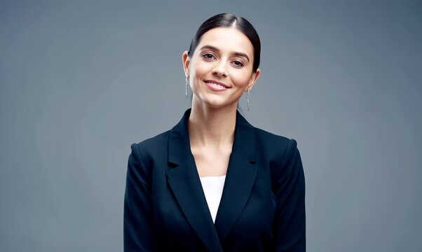 Portrait of a beautiful young business woman looking at camera isolated over gray background