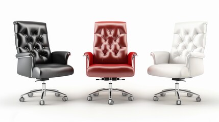 Obraz premium Three leather office chairs are shown in a row, with one black, one red