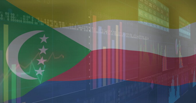 Financial data charts image over Comoros flag - Powered by Adobe