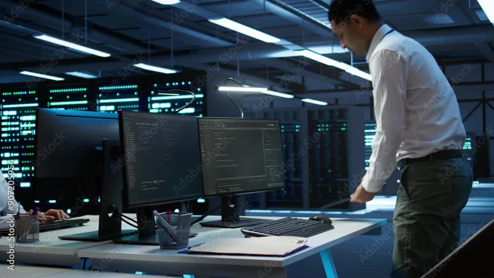 Poster data center computer scientist responsible for installation of networking equipment solving tasks. i