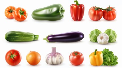 A collection of vegetables and fruits including tomatoes, peppers, and onions