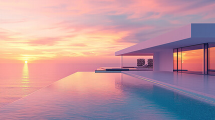Plakat modern architecture, house with infinity pool and sea view at sunset
