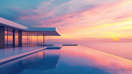 Plakat modern architecture, house with infinity pool and sea view at sunset