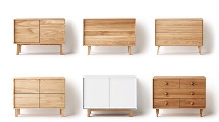 A row of six wooden dressers with white trim