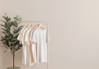 Different clean T-shirts hanging on rack indoors