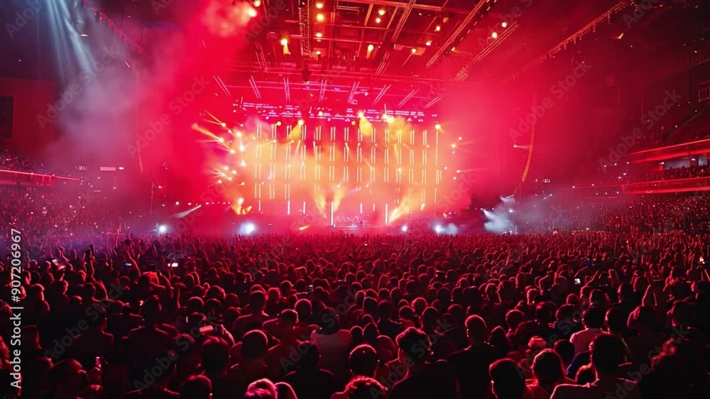 Poster a vibrant crowd cheers and dances at a live concert, while colorful lights illuminate the arena, cre
