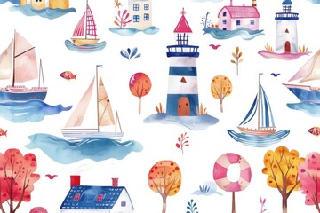 Watercolor illustrations of various boats and houses, perfect for use in travel or lifestyle-themed projects