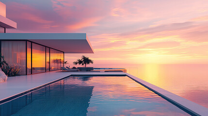 Naklejka na ściany i meble modern architecture, house with infinity pool and sea view at sunset