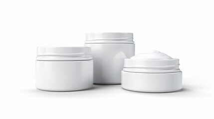 Three white containers of cream sit on a white background