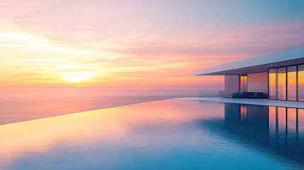Fototapeta na wymiar modern architecture, house with infinity pool and sea view at sunset
