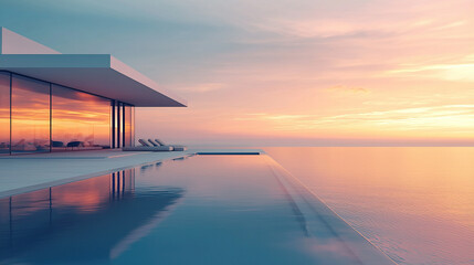 Naklejka na ściany i meble modern architecture, house with infinity pool and sea view at sunset
