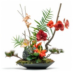 Obraz premium Vibrant floral arrangement featuring orchids, ferns, and moss in a stylish decorative bowl.