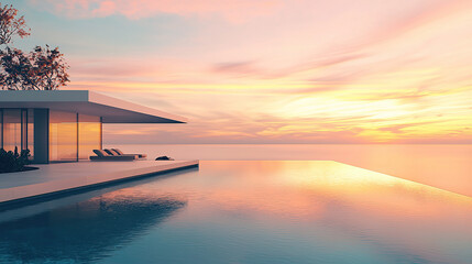 Plakat modern architecture, house with infinity pool and sea view at sunset
