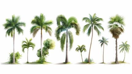 A row of palm trees are shown in various sizes and positions