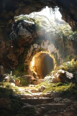 Stone cave tomb bathed divine light emanating from within, capturing essence of Jesus' resurrection