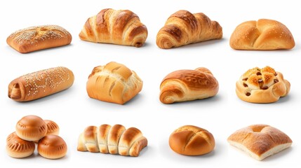 A collection of different types of bread, including croissants, bagels