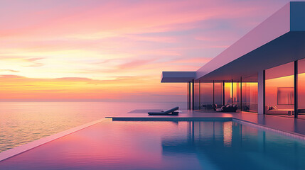 Naklejka na ściany i meble modern architecture, house with infinity pool and sea view at sunset