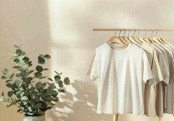 Different clean T-shirts hanging on rack indoors