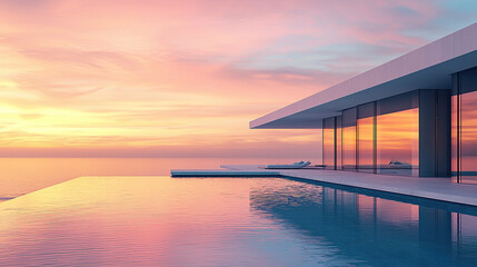 Naklejka na ściany i meble modern architecture, house with infinity pool and sea view at sunset