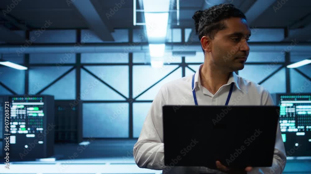 Poster system administrator in data center using notebook to design, implement and manage gear, ensuring op
