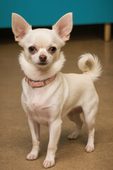 Obraz premium White cream short-haired chihuahua companion dog breed with pink collar looking forward on dark beige fawn indoor floor on living room background.