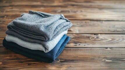 Neatly folded women s clothes on wooden table with copy space close up