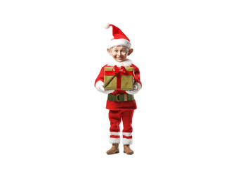 Obraz premium Smiling Christmas Elf Holding A Gift Box