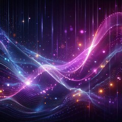 Fototapeta premium Digital purple wavy shape particles with light and shining stars abstract background 