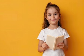 Naklejka premium A young girl holds a book in her hands, reading and learning