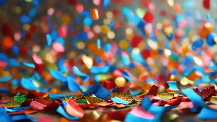 Fototapeta premium Colored confetti in the air, 16:9, 300 dpi, with space for text