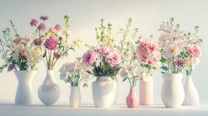 A collection of white vases holding various pastel flowers arranged in a decorative and aesthetically pleasing way.