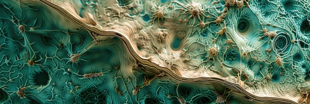 Thin human skin dermis with visible collagen fibers green and multiple cross sectioned pilosebaceous units with hair enclosed by sebaceous glands Epidermis visible at the top left corner Go