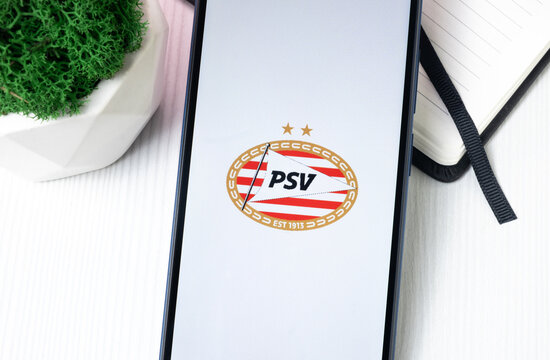 New York, USA - 1 August 2024: PSV Logo on Phone Screen, Sports Symbol Sign
