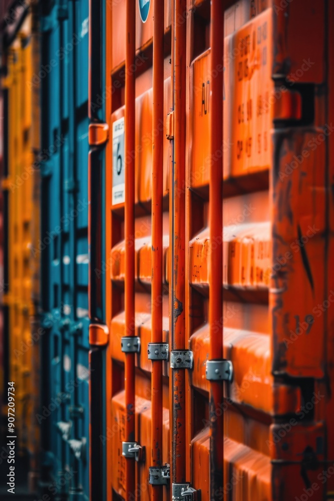 Poster a row of orange and blue shipping containers stacked together