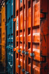 Obraz premium A row of orange and blue shipping containers stacked together