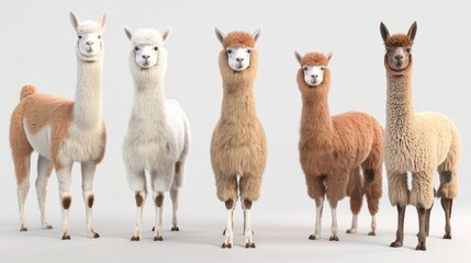 Fototapeta premium Five llamas standing in a row, with one of them being white and the others brown