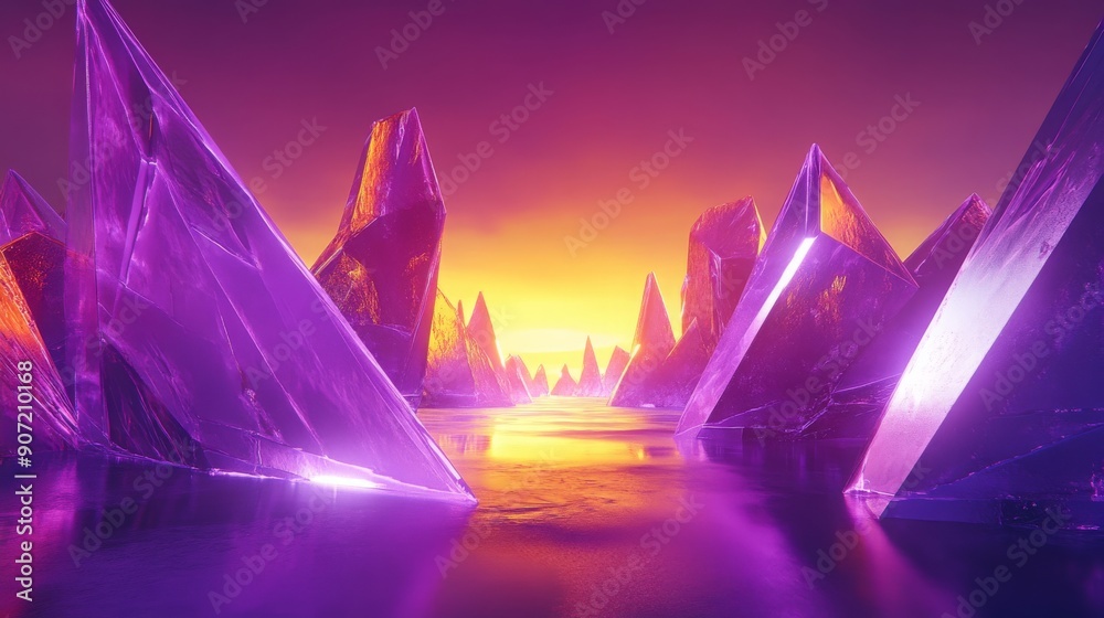 Wall mural digital landscape with geometric shapes and neon lights creating a sense of depth and motion in purp