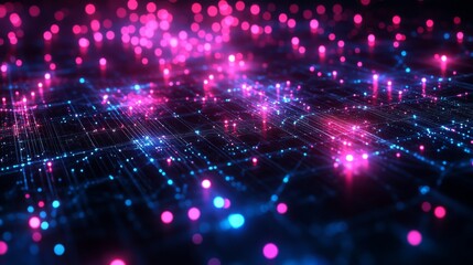 Obraz premium Futuristic digital grid with luminous nodes and connections in bright cyan and magenta on a dark background 3D render high contrast lighting aerial view tech-inspired design