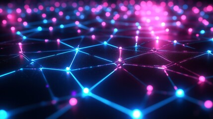 Obraz premium Futuristic digital grid with luminous nodes and connections in bright cyan and magenta on a dark background 3D render high contrast lighting aerial view tech-inspired design